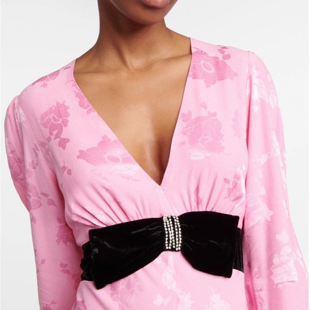 NWT Rixo Bambi Pink Floral Embellished Maxi Dress Black Velvet Waist Large NoBow - Picture 6 of 11